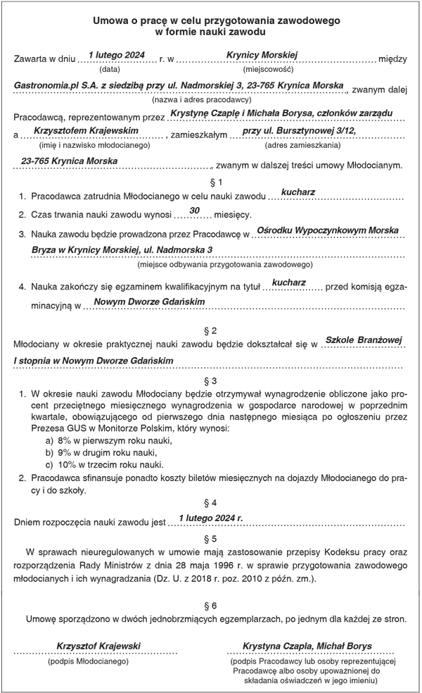 Umowa o pracę w celu przygotowania zawodowego w formie nauki zawodu