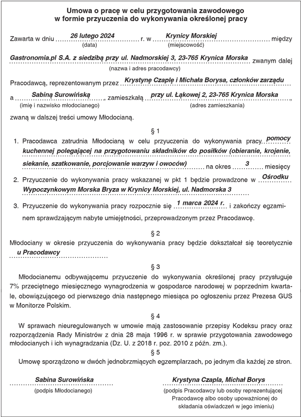 Umowa o pracę w celu przygotowania zawodowego w formie przyuczenia do wykonywania określonej pracy