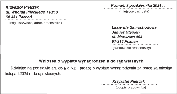 Przykład wniosku o wypłatę wynagrodzenia do rąk własnych