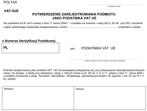 VAT-5UE. Potwierdzenie zarejestrowania podmiotu jako podatnika VAT UE