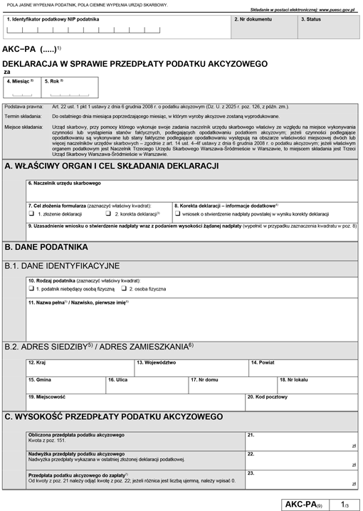 AKC-PA (.....) Deklaracja w sprawie przedpłaty podatku akcyzowego