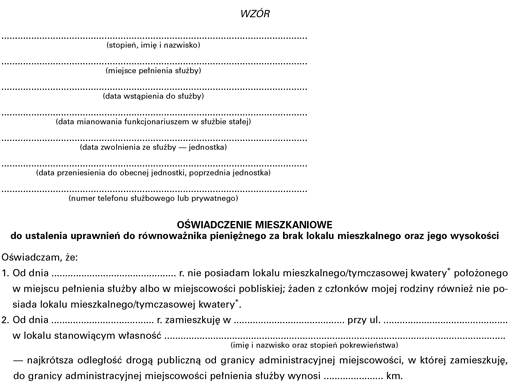 Oświadczenie mieszkaniowe do ustalenia uprawnień do równoważnika pieniężnego za brak lokalu mieszkalnego oraz jego wysokości