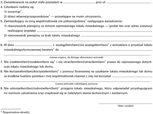 Oświadczenie mieszkaniowe do ustalenia uprawnień do równoważnika pieniężnego za brak lokalu mieszkalnego oraz jego wysokości