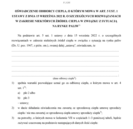 Oświadczenie odbiorcy ciepła, o którym mowa w art. 5 ust. 1 ustawy z dnia 15 września 2022 r. o szczególnych rozwiązaniach w zakresie niektórych źródeł ciepła w związku z sytuacją na rynku paliw