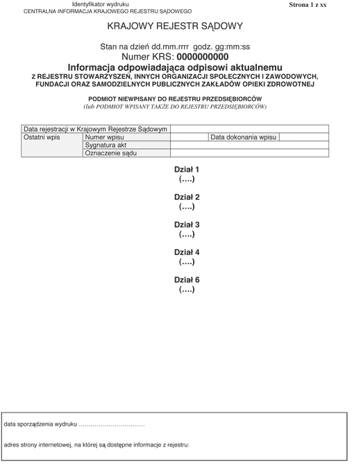 Informacja odpowiadająca odpisowi aktualnemu z rejestru stowarzyszeń, innych organizacji społecznych i zawodowych, fundacji oraz samodzielnych publicznych zakładów opieki zdrowotnej