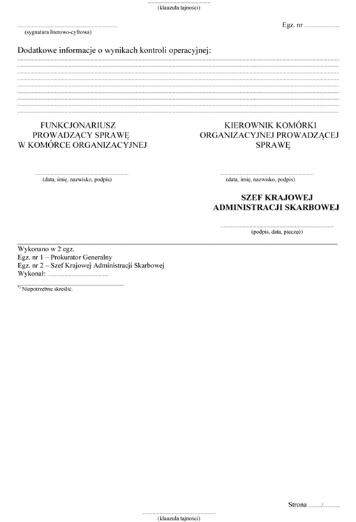 Wzór informacji Szefa Krajowej Administracji Skarbowej dla Prokuratora Generalnego o wynikach przeprowadzonej kontroli operacyjnej