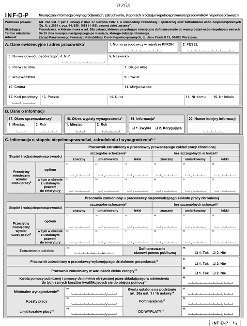 INF-D-P Miesięczna informacja o wynagrodzeniach, zatrudnieniu, stopniach i rodzaju niepełnosprawności pracowników niepełnosprawnych