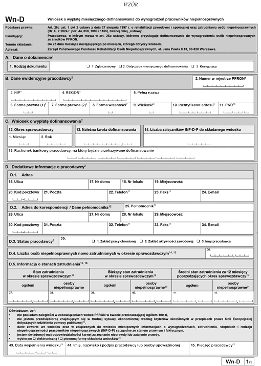Wn-D. Wniosek o wypłatę miesięcznego dofinansowania do wynagrodzeń pracowników niepełnosprawnych