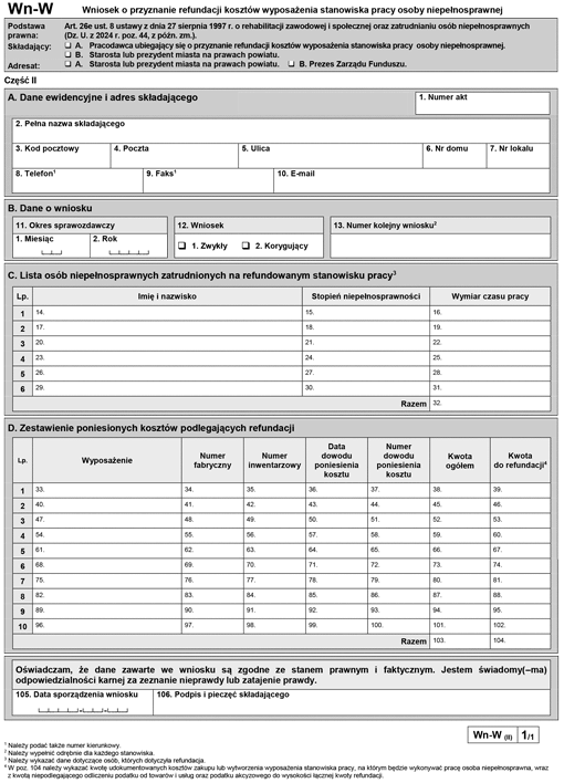 Wn-W. Wniosek o przyznanie refundacji kosztów wyposażenia stanowiska pracy osoby niepełnosprawnej