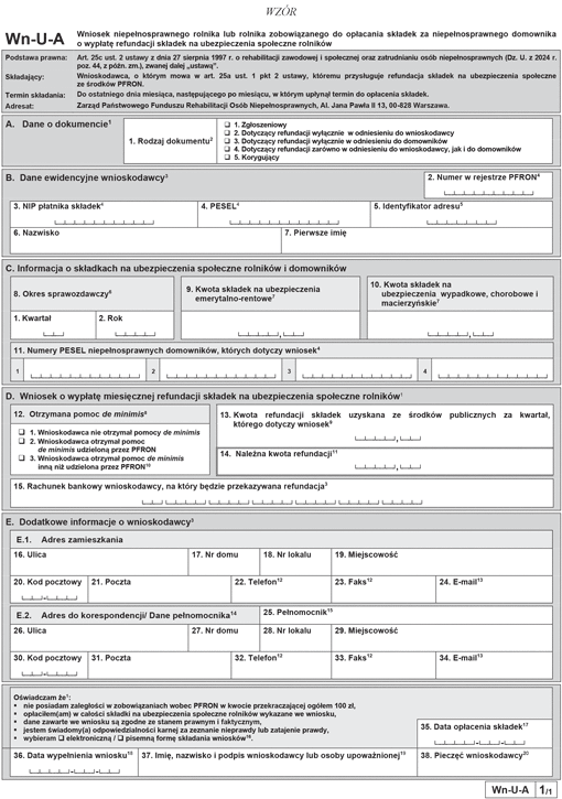 Wn-U-A. Wniosek niepełnosprawnego rolnika lub rolnika zobowiązanego do opłacania składek za niepełnosprawnego domownika Wn-U-M o wypłatę refundacji składek na ubezpieczenia społeczne rolników