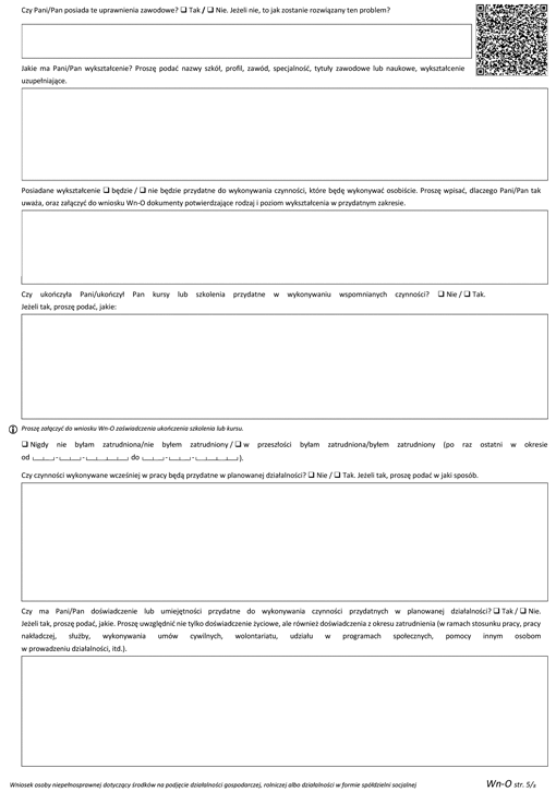 Wn-0 Wniosek osoby niepełnosprawnej dotyczący środków na podjęcie działalności gospodarczej, rolniczej albo działalności w formie spółdzielni socjalnej