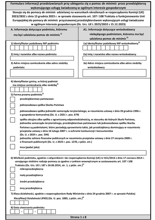 Formularz informacji przedstawianych przy ubieganiu się o pomoc de minimis przez przedsiębiorcę wykonującego usługę świadczoną w ogólnym interesie gospodarczym