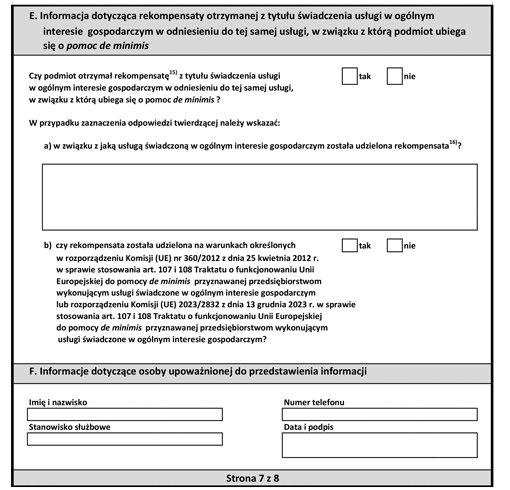 Formularz informacji przedstawianych przy ubieganiu się o pomoc de minimis przez przedsiębiorcę wykonującego usługę świadczoną w ogólnym interesie gospodarczym