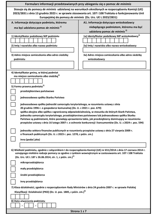 Formularz informacji przedstawianych przy ubieganiu się o pomoc de minimis