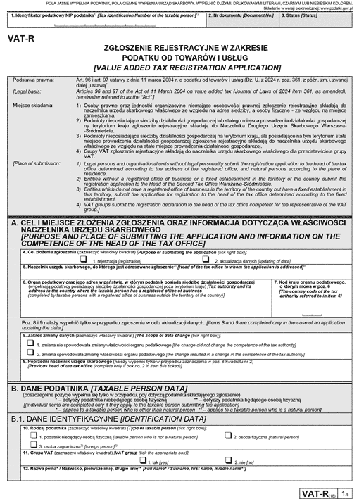 VAT-R Zgłoszenie rejestracyjne w zakresie podatku od towarów i usług