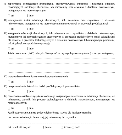 Informacja o substancjach chemicznych, ich mieszanianach, czynnikach lub procesach technologicznych o działaniu rakotwórczym, mutagennym lub reprotoksycznym