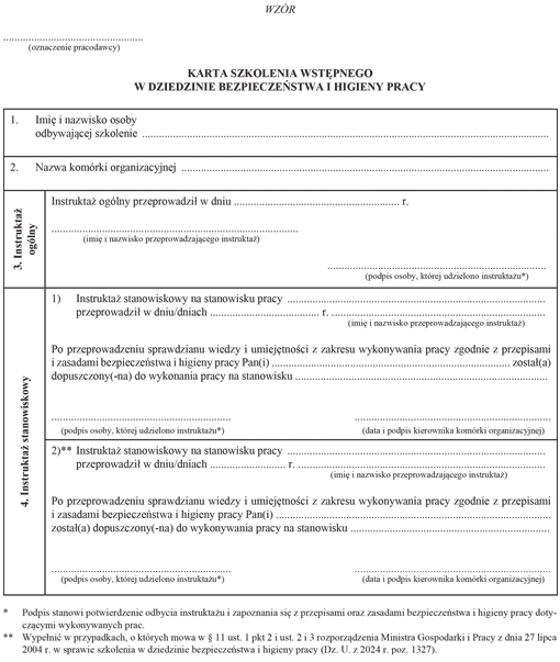 Karta szkolenia wstępnego w dziedzinie bezpieczeństwa i higieny pracy
