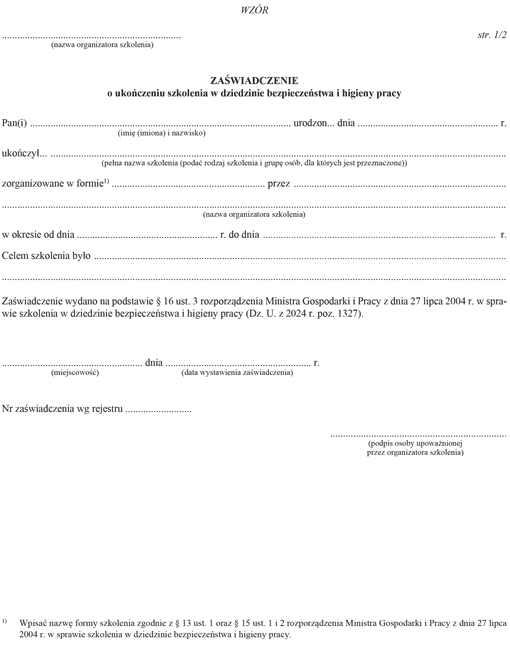 Zaświadczenie o ukończeniu szkolenia w dziedzinie bezpieczeństwa i higieny pracy